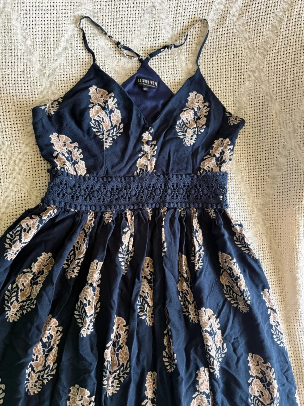 Navy Floral Maxi Crochet Waistband L Long Length Summer Dress Adjustable Straps - Picture 3 of 14